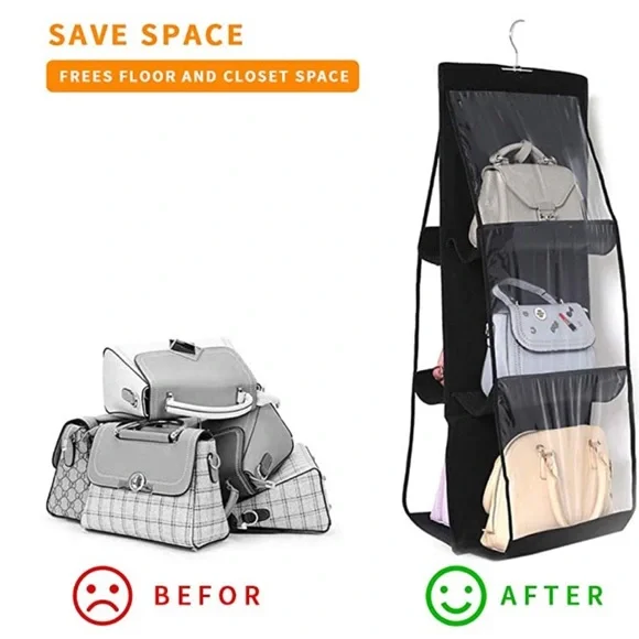 Hanging Handbag Storage Organizer 6 Pocket Double-Sided With Rotating Hook - Picture 4 of 10